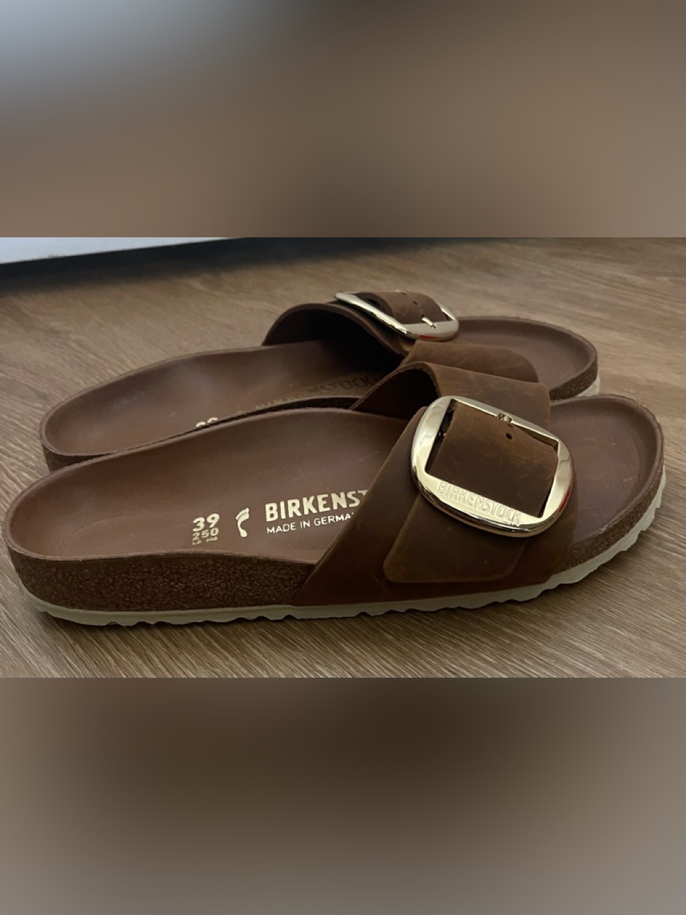 Birkenstock Madrid Big Buckle Cognac Leather Slide Sandals - Picture 3 of 15